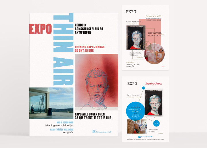 Design two try-outs & final poster with Marie Verdurmen for our first expo in gallery Conscience20 Antwerp (Belgium) with paintings, drawings (Marie V.) & photos (Marie-Thérèse Willemsen). Opening 20 Oct 3 p.m., welcome !