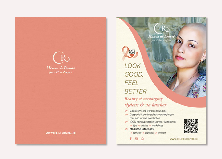 'Beauty & Verzorging tijdens & na kanker', ontwerp kaartje Céline Rogival schoonheidsspecialiste in Schoten