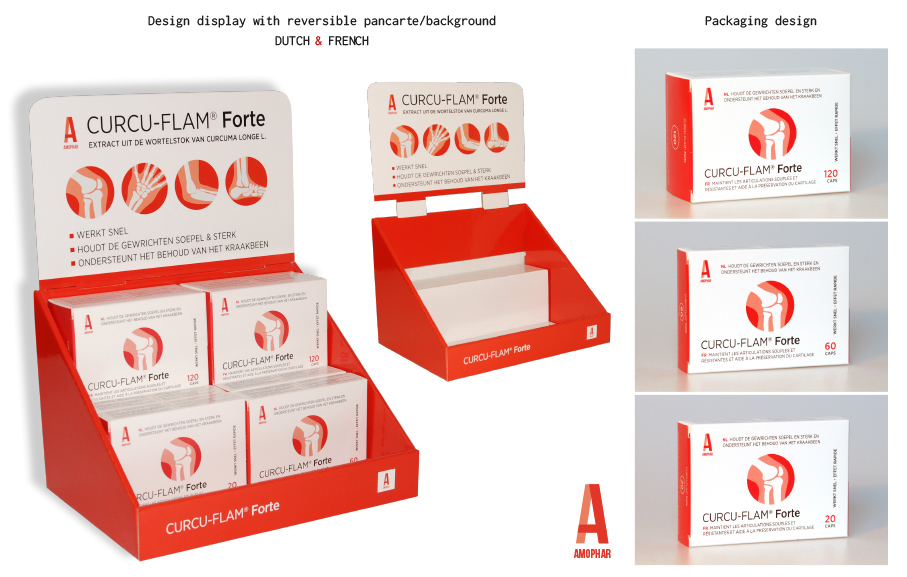 Packaging Design Curcu-Flam Forte van Amophar, tabletten die soepele & sterke gewrichten bevorderen en het behoud van kraakbeen ondersteunen.